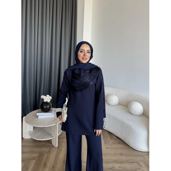 Fuş - Luxe Omuzu Püskül İpli Takım - Lacivert