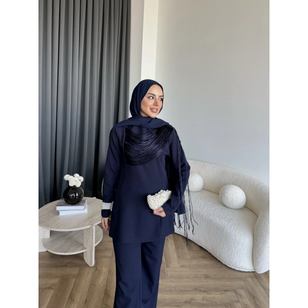 Fuş - Luxe Omuzu Püskül İpli Takım - Lacivert