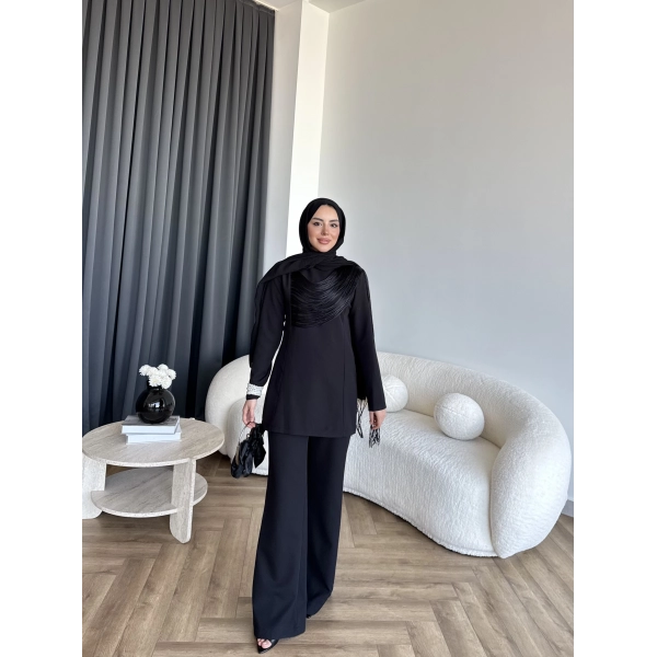 Fuş - Luxe Omuzu Püskül İpli Takım - Siyah