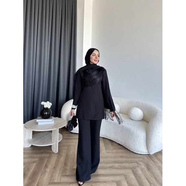 Fuş - Luxe Omuzu Püskül İpli Takım - Siyah