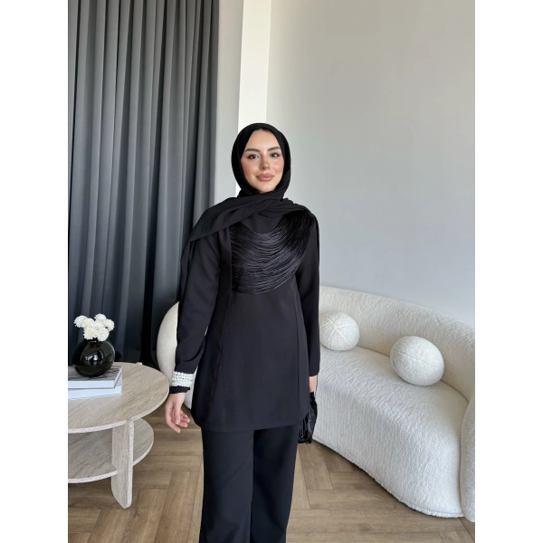 Fuş - Luxe Omuzu Püskül İpli Takım - Siyah