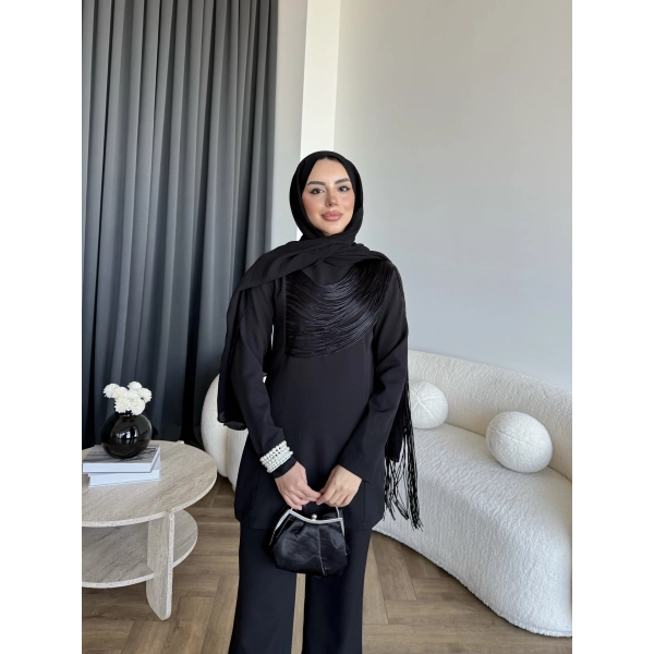 Fuş - Luxe Omuzu Püskül İpli Takım - Siyah