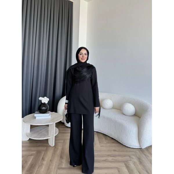 Fuş - Luxe Omuzu Püskül İpli Takım - Siyah