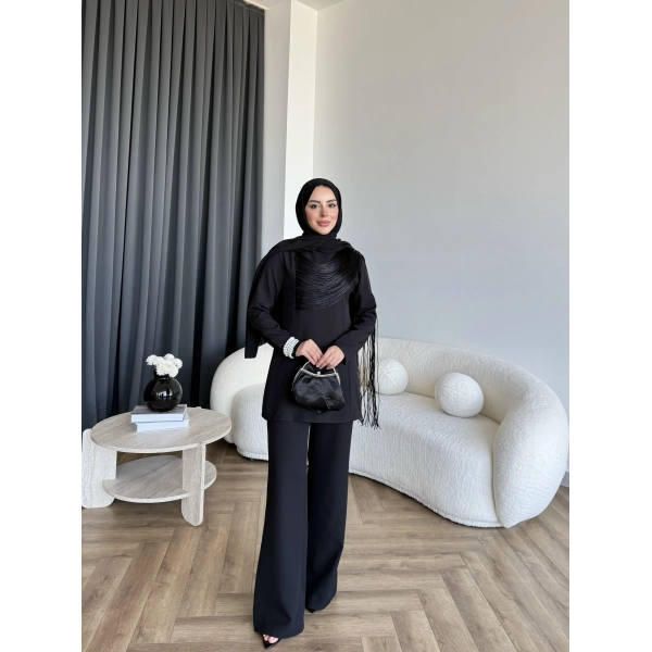 Fuş - Luxe Omuzu Püskül İpli Takım - Siyah