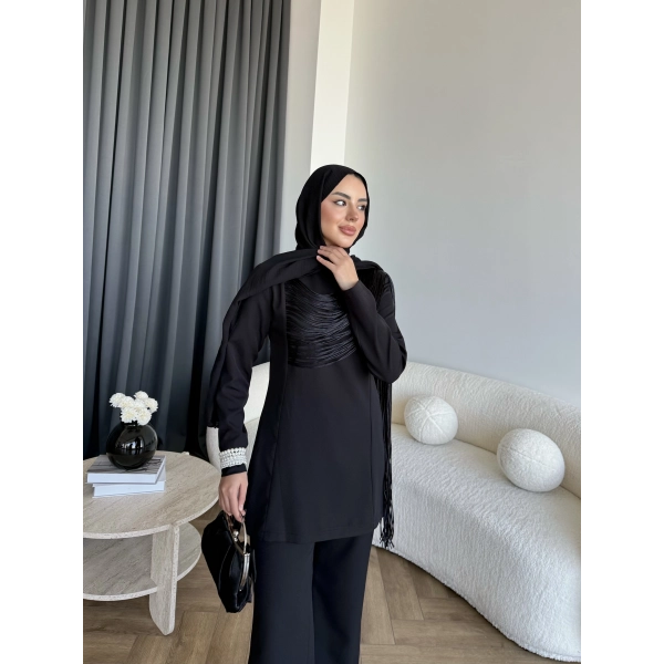 Fuş - Luxe Omuzu Püskül İpli Takım - Siyah