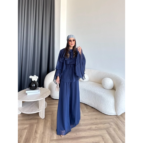 Fuş - Volan Kol Şifon Takım - Lacivert - ÖN SİPARİŞTİR