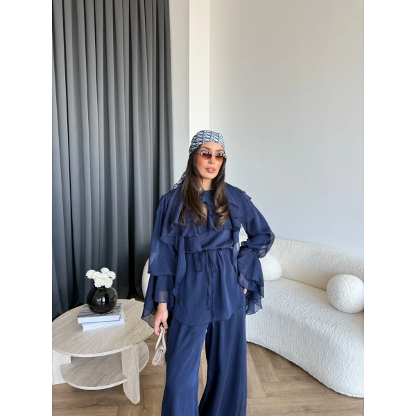 Fuş - Volan Kol Şifon Takım - Lacivert - ÖN SİPARİŞTİR