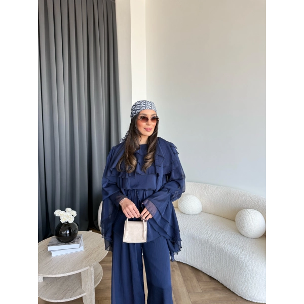 Fuş - Volan Kol Şifon Takım - Lacivert - ÖN SİPARİŞTİR