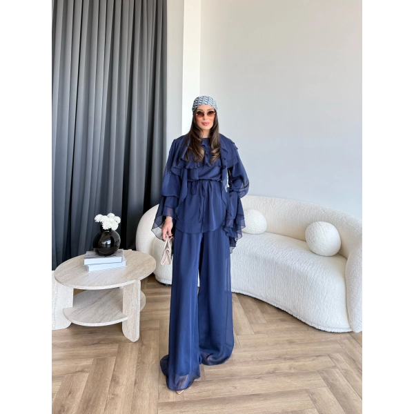 Fuş - Volan Kol Şifon Takım - Lacivert - ÖN SİPARİŞTİR