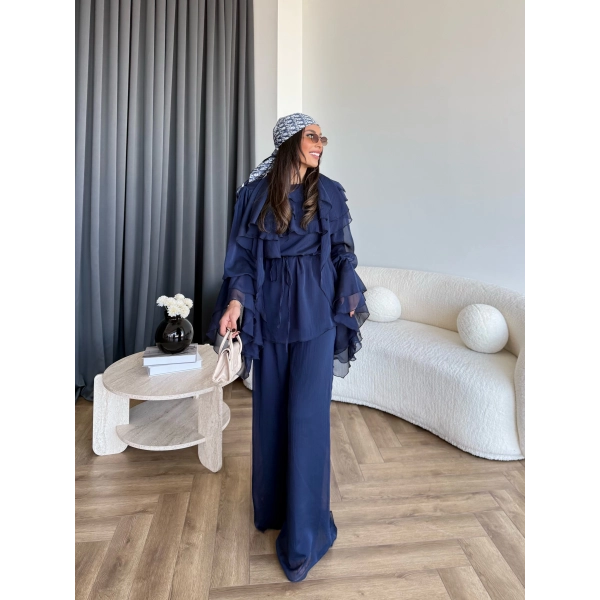 Fuş - Volan Kol Şifon Takım - Lacivert - ÖN SİPARİŞTİR