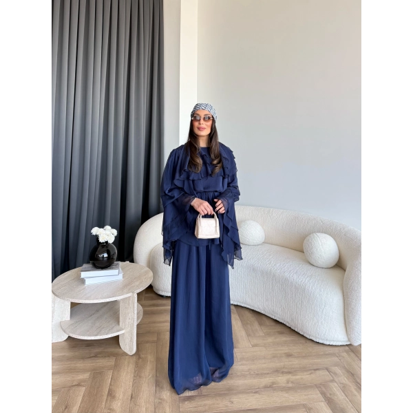 Fuş - Volan Kol Şifon Takım - Lacivert - ÖN SİPARİŞTİR