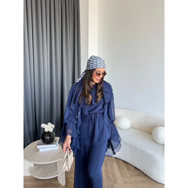 Fuş - Volan Kol Şifon Takım - Lacivert - ÖN SİPARİŞTİR