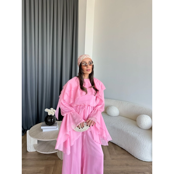 Fuş - Volan Kol Şifon Takım - Pembe - ÖN SİPARİŞTİR