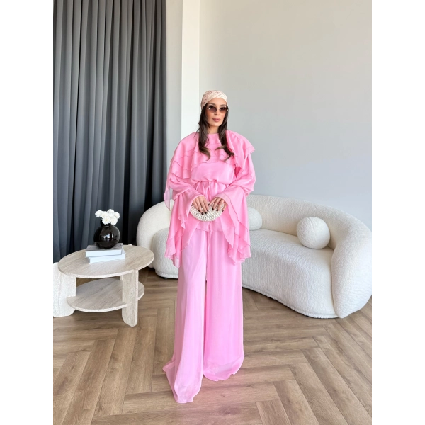 Fuş - Volan Kol Şifon Takım - Pembe - ÖN SİPARİŞTİR