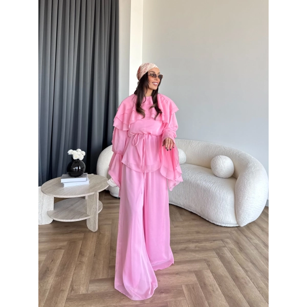 Fuş - Volan Kol Şifon Takım - Pembe - ÖN SİPARİŞTİR