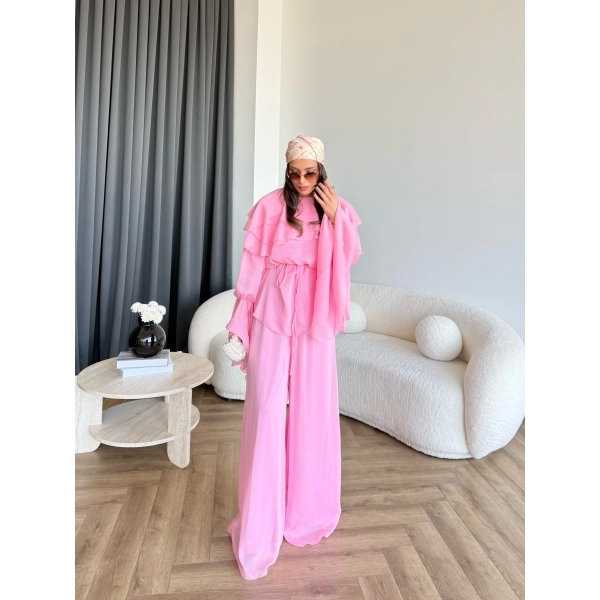 Fuş - Volan Kol Şifon Takım - Pembe - ÖN SİPARİŞTİR