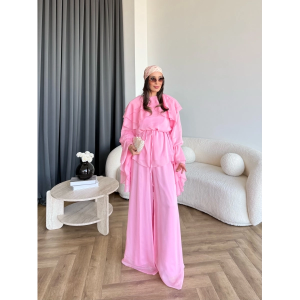 Fuş - Volan Kol Şifon Takım - Pembe - ÖN SİPARİŞTİR