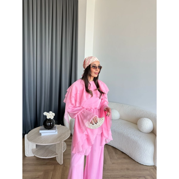 Fuş - Volan Kol Şifon Takım - Pembe - ÖN SİPARİŞTİR