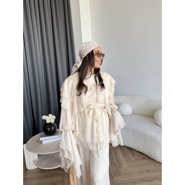 Fuş - Volan Kol Şifon Takım - Bej - ÖN SİPARİŞTİR