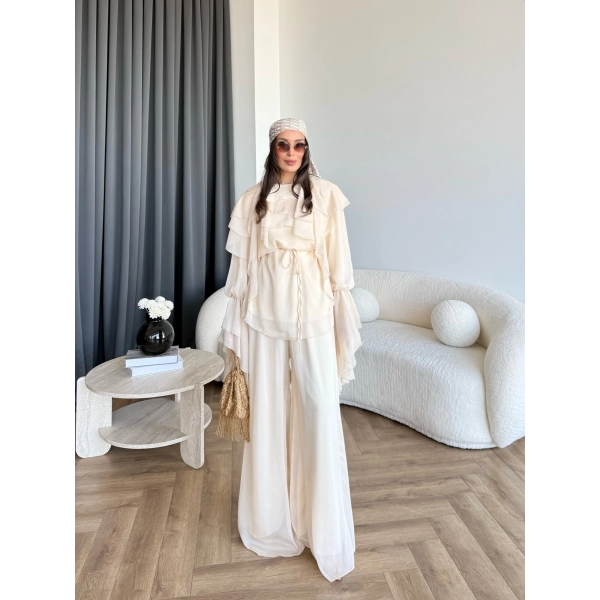 Fuş - Volan Kol Şifon Takım - Bej - ÖN SİPARİŞTİR