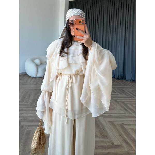 Fuş - Volan Kol Şifon Takım - Bej - ÖN SİPARİŞTİR