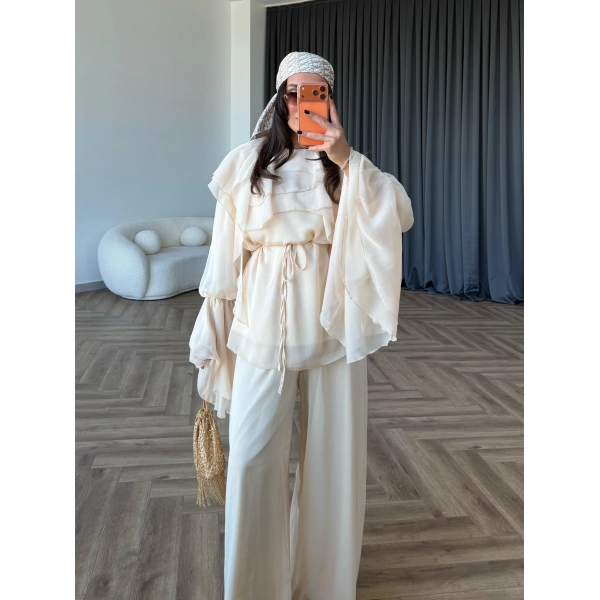 Fuş - Volan Kol Şifon Takım - Bej - ÖN SİPARİŞTİR