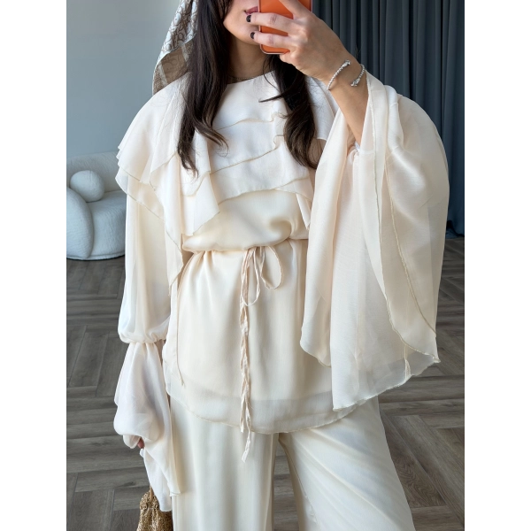 Fuş - Volan Kol Şifon Takım - Bej - ÖN SİPARİŞTİR