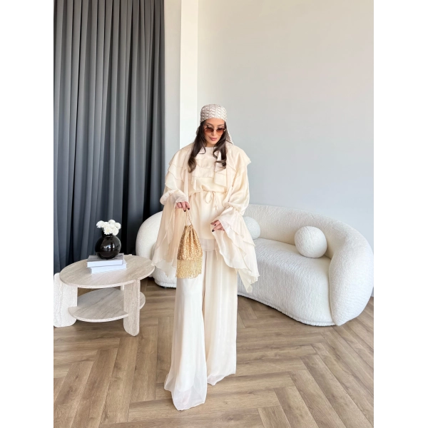 Fuş - Volan Kol Şifon Takım - Bej - ÖN SİPARİŞTİR