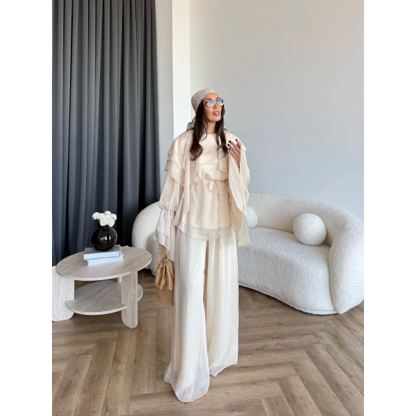 Fuş - Volan Kol Şifon Takım - Bej - ÖN SİPARİŞTİR