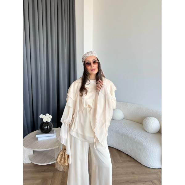 Fuş - Volan Kol Şifon Takım - Bej - ÖN SİPARİŞTİR