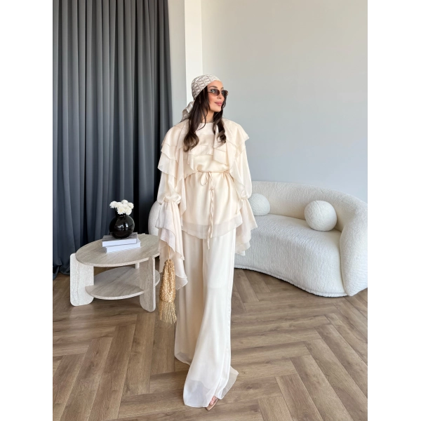 Fuş - Volan Kol Şifon Takım - Bej - ÖN SİPARİŞTİR