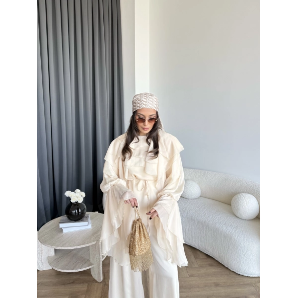 Fuş - Volan Kol Şifon Takım - Bej - ÖN SİPARİŞTİR