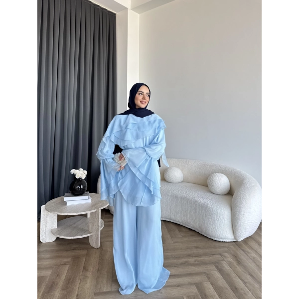 Fuş - Volan Kol Şifon Takım - Mavi - ÖN SİPARİŞTİR