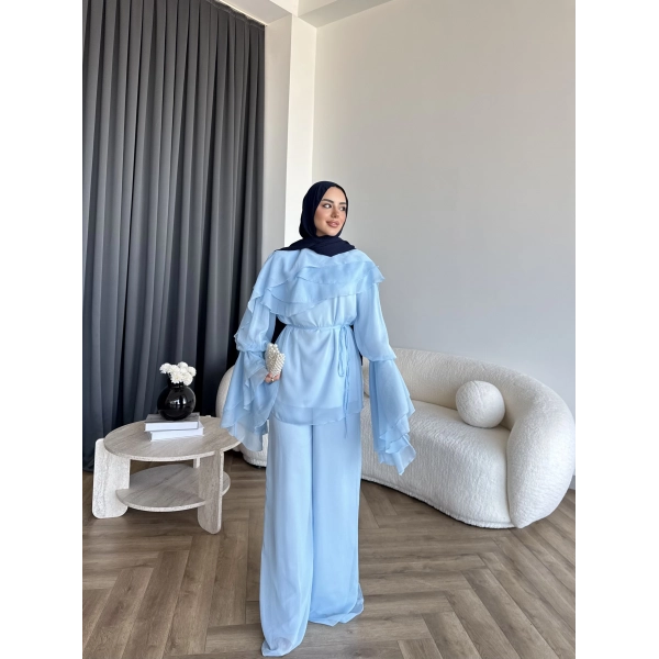 Fuş - Volan Kol Şifon Takım - Mavi - ÖN SİPARİŞTİR