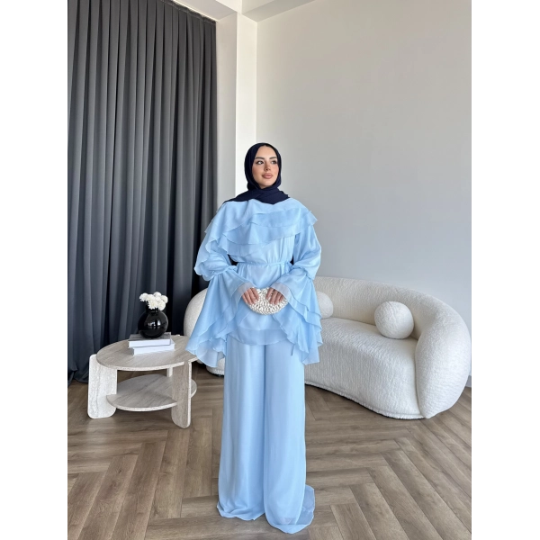 Fuş - Volan Kol Şifon Takım - Mavi - ÖN SİPARİŞTİR