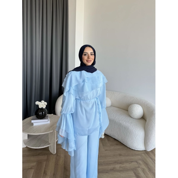 Fuş - Volan Kol Şifon Takım - Mavi - ÖN SİPARİŞTİR