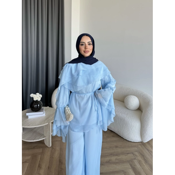 Fuş - Volan Kol Şifon Takım - Mavi - ÖN SİPARİŞTİR