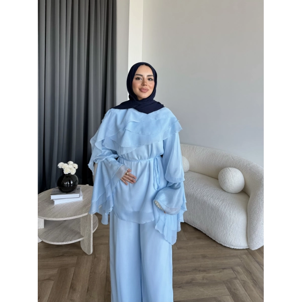 Fuş - Volan Kol Şifon Takım - Mavi - ÖN SİPARİŞTİR