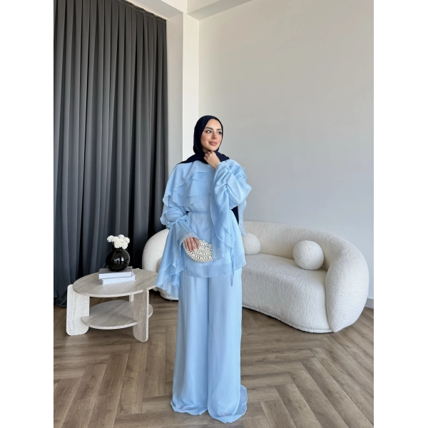 Fuş - Volan Kol Şifon Takım - Mavi - ÖN SİPARİŞTİR