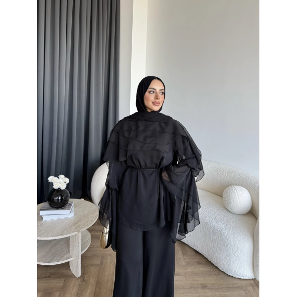 Fuş - Volan Kol Şifon Takım - Siyah - ÖN SİPARİŞTİR