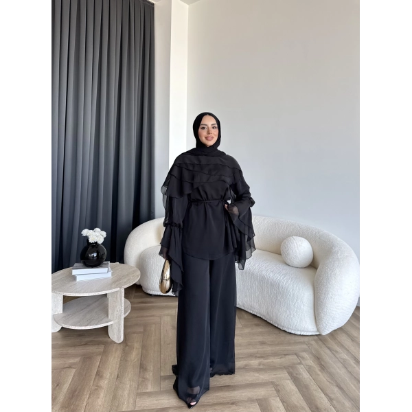 Fuş - Volan Kol Şifon Takım - Siyah - ÖN SİPARİŞTİR
