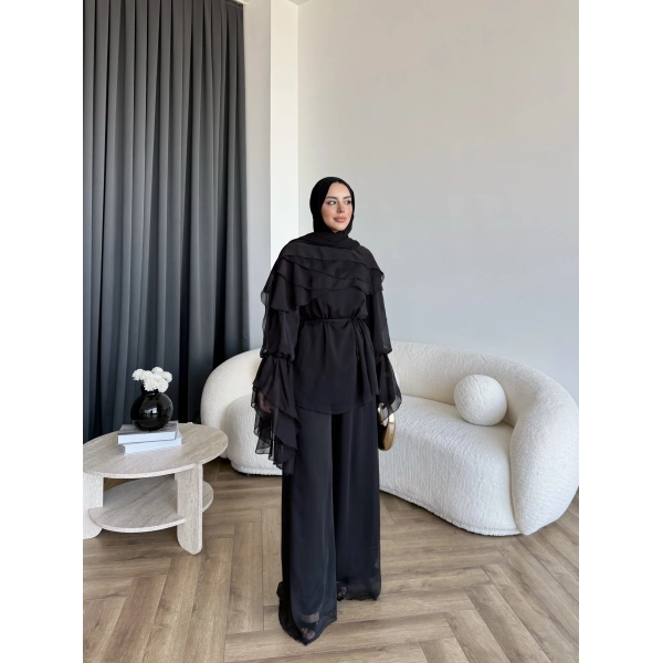 Fuş - Volan Kol Şifon Takım - Siyah - ÖN SİPARİŞTİR