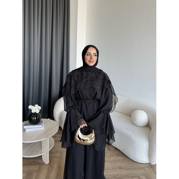 Fuş - Volan Kol Şifon Takım - Siyah - ÖN SİPARİŞTİR
