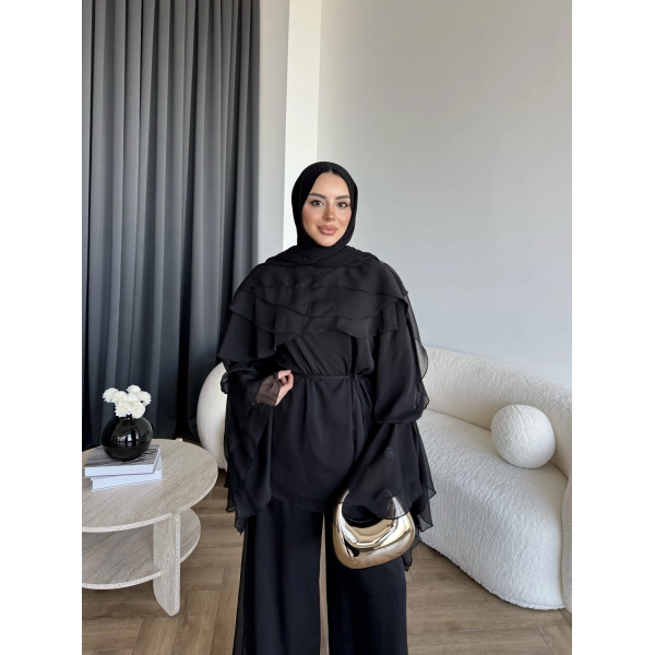 Fuş - Volan Kol Şifon Takım - Siyah - ÖN SİPARİŞTİR