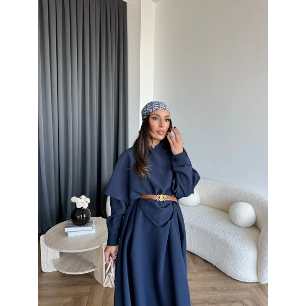 Qu - Aller Pelerinli Modal Elbise - Lacivert