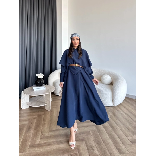 Qu - Aller Pelerinli Modal Elbise - Lacivert