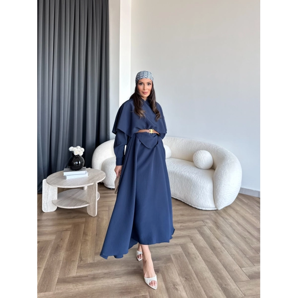 Qu - Aller Pelerinli Modal Elbise - Lacivert