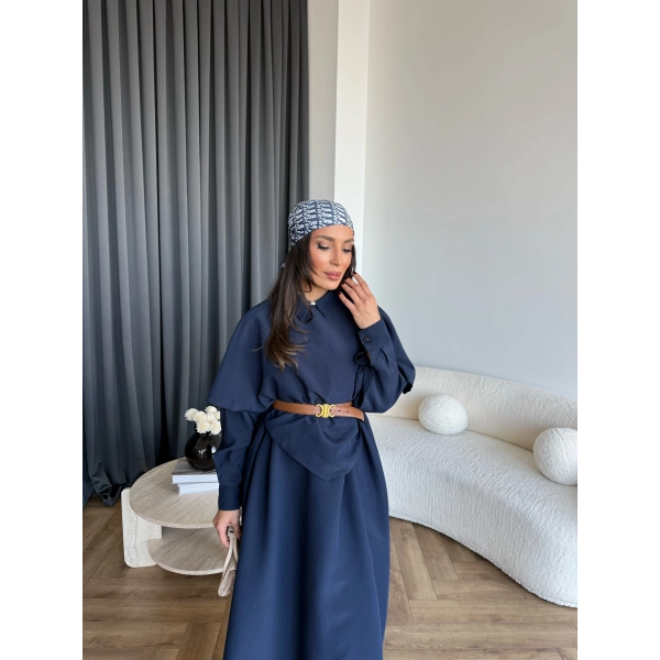 Qu - Aller Pelerinli Modal Elbise - Lacivert