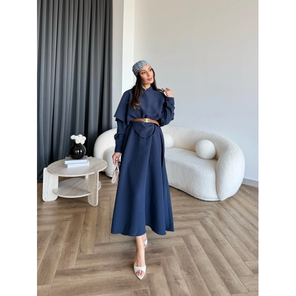Qu - Aller Pelerinli Modal Elbise - Lacivert