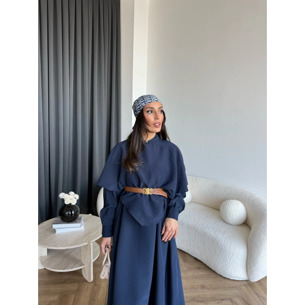 Qu - Aller Pelerinli Modal Elbise - Lacivert